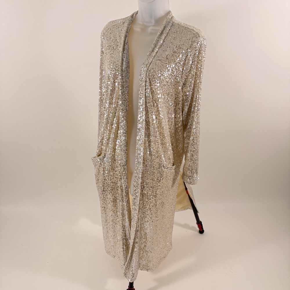 Roaman's Sequin-Trim Open Front Duster in Ivory